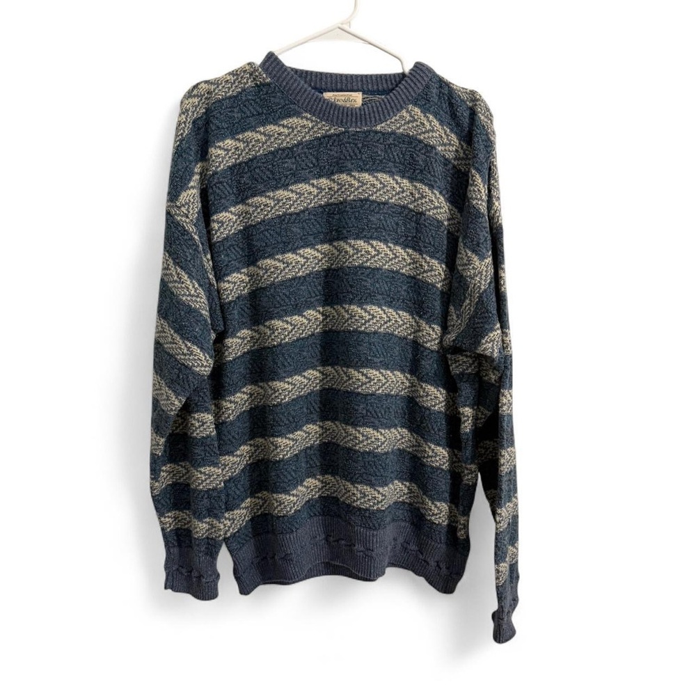 Men's Vintage 90s Blue and Cream Striped Sweater